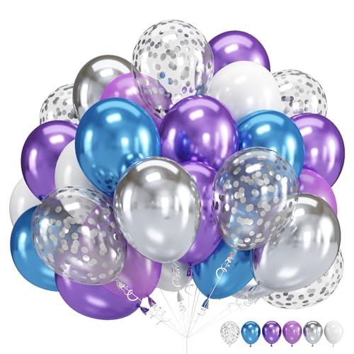 Image of Metallic Purple and Blue Balloons, 60 Packs 12 Inch Chrome Blue Purple Silver Balloon with Ribbons for Space Birthday Party Decorations