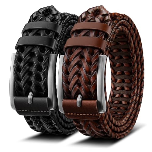 BULLIANT Men Belt, Braided Leather Belt Adjustable For Men Casual Jeans Golf 1 3/8'(Black/Light Brown,34'-38' Waist Adjustable)