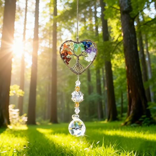 Image of Tree of Life Heart Crystal Ball Prism Suncatcher Pendant Decor