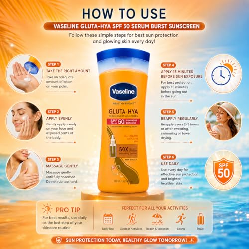 Image of Vaseline Gluta-Hya SPF 50 Serum Burst Sunscreen Body Lotion 400ml with UVA UVB Protection | Brightening Lightweight Non Greasy Formula
