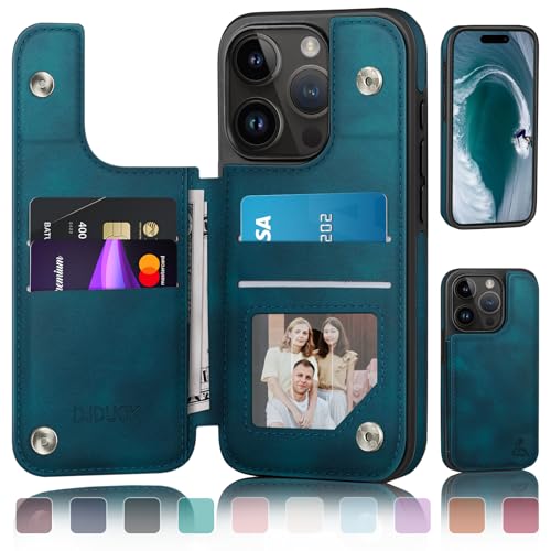 Étui portefeuille iPhone 15 Pro antichoc cuir bleu housse clapet protection RFID