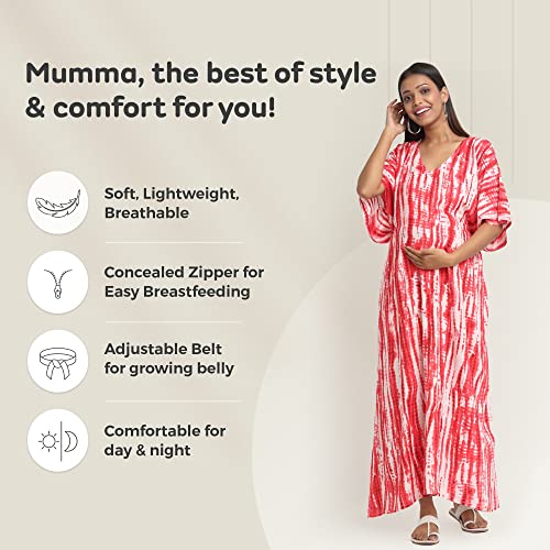 Image of Maternity Dress for Women with Breastfeeding Zippers | Kaftan Dress | Adjustable Belt for Growing Belly | Feeding Dress for Pre & Post Pregnancy