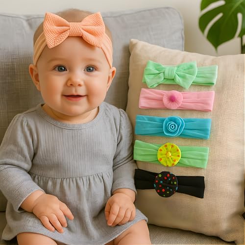 Image of BAKEFY -6 Style Combo Handmade Baby Headbands Soft Stretchy Nylon Hair Bands with Bows for Newborn Infant Baby Toddler Girls- Pack of 6