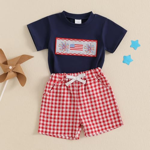 Image of 4th Of July Toddler Boy Outfit Popsicle American Flag T-Shirt and Gingham Plaid Shorts Set Independence Day Clothes