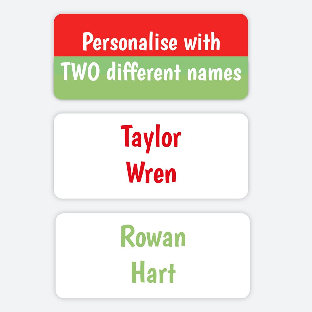 96 Personalised Name Labels for Clothes Kids – Stick-On Waterproof Tags with 2 Names – Shared Sheets Red/Green for Siblings, School & Nursery (SFP)