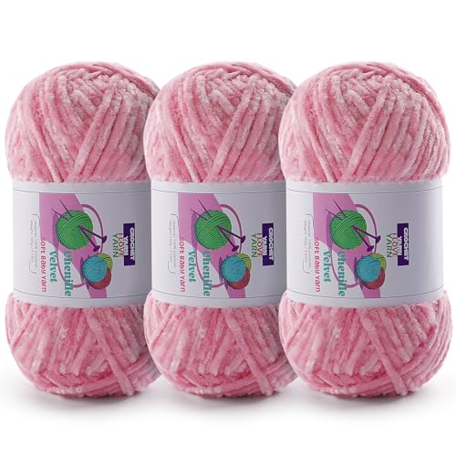 Image of Chenille Velvet Yarn for Crocheting, Pink Fuzzy Fluffy Yarn for Crochet | 3 Pack of 3.5 Oz /131.2 Yds Bulky Thick Chunky Yarn for Crocheting, Soft Amigurumi Yarn for knitting Baby Blankets, Scarves