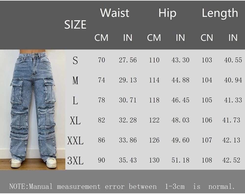 Women's High Waisted Cargo Jeans, Rhinestone Embellished Denim Pants, Multi-Pocket Wide Leg Design