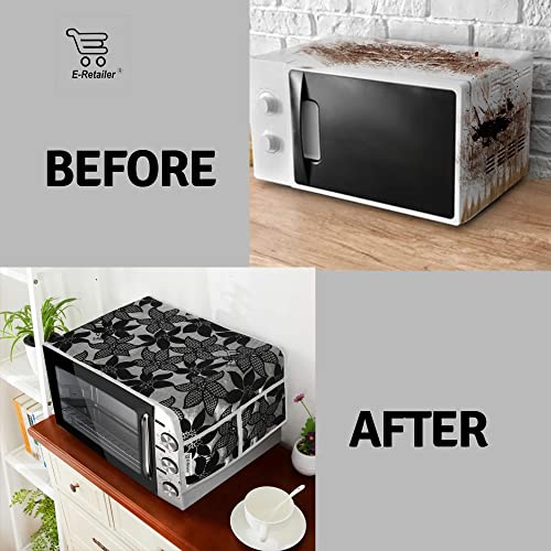 Image of Polyester 3-Layered Microwave-Oven Top Cover with 4 Pockets (BlackGrey, Size-36x14 Inches), geometrical design (MOCTC-FLOK-FLW-BLCKGRY)