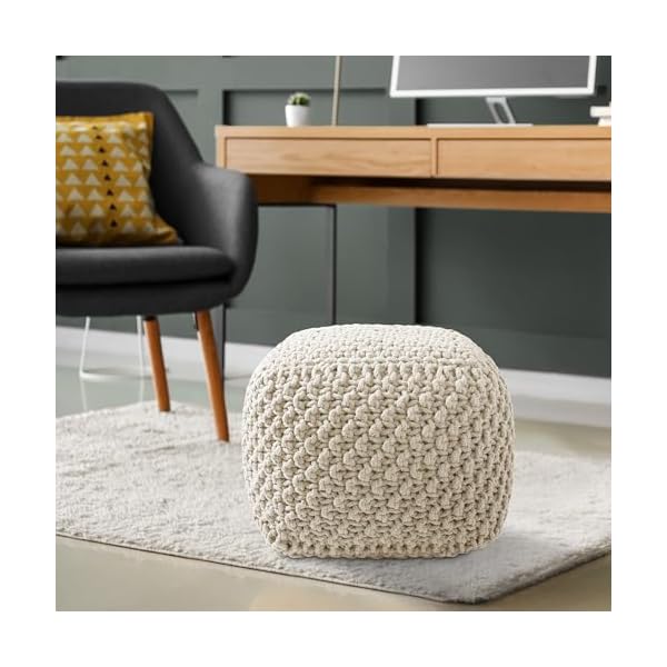 Casafield square pouf ottoman natural 185 w x 185 d x 145 h cotton knit foot stool boho floor pouffe for living room bedroom home office  urban country home decor