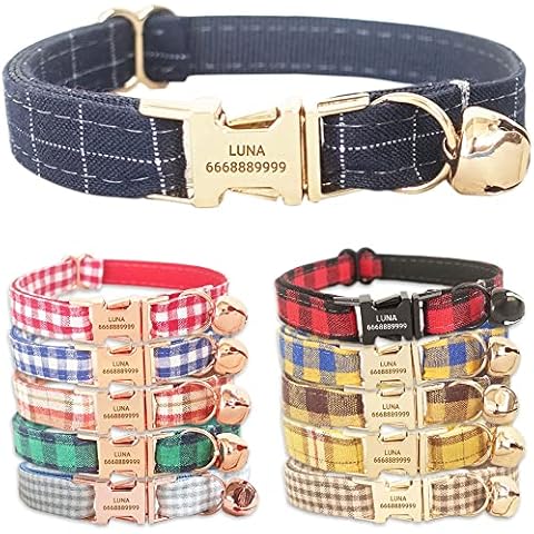 PETDURO Personalized Handmade Plaid Cat Collars with Bell & Name Engraved Metal Buckle Customized for Cute Girl and Boy Cats - Matching Bow Tie Available Cover