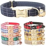 PETDURO Personalized Handmade Plaid Cat Collars with Bell & Name Engraved Metal Buckle Customized fo
