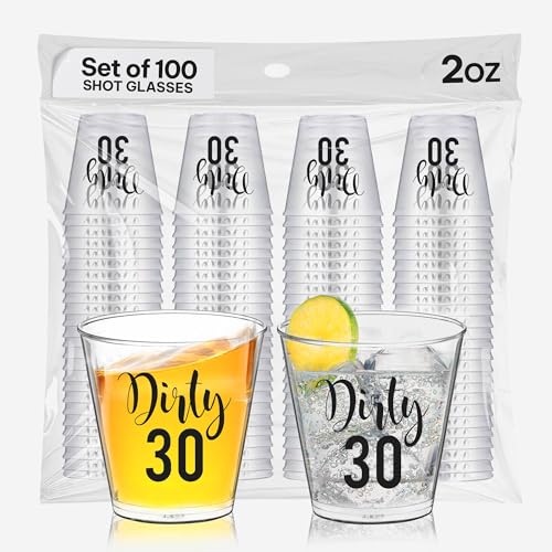 Image of Dirty 30 Birthday Shot Glasses - 100 PCS Disposable Plastic Cups 2oz, 30th Birthday Decorations for Him or Her, 30th Party Favors, Gifts for Women and Men, Dirty Thirty Decorations For Her and Him