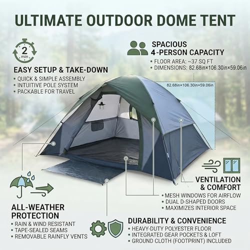 XL 3~4 Person Dome Camping Tent,Tents for Camping 4 Person,Tents for Camping Waterproof,Double Layer Waterproof, Removable Rain Fly, for Outdoor Hiking, Fishing (4 People Army Green)