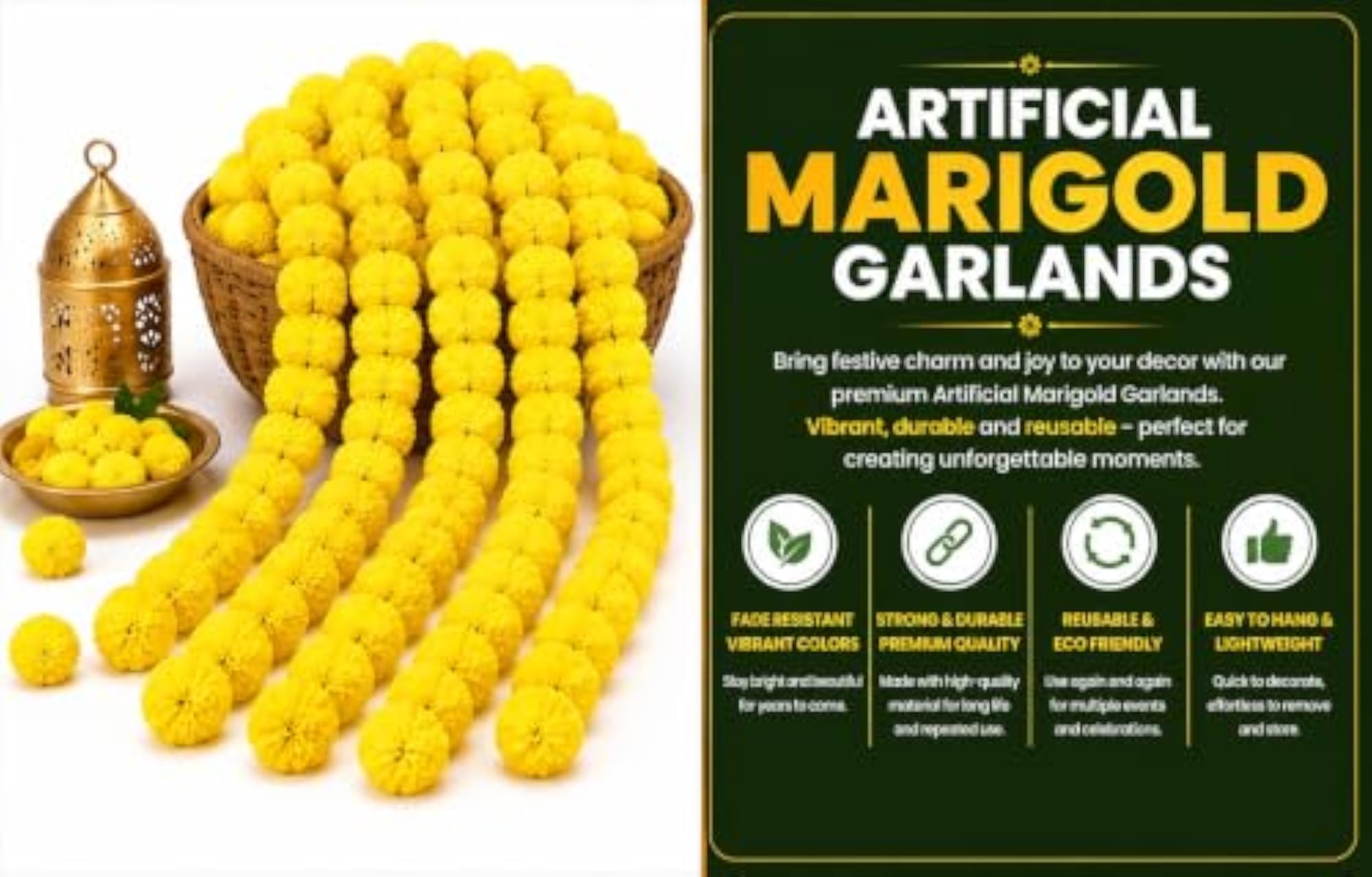 Artificial Marigold Fluffy Flowers String Garlands, Pack of 5