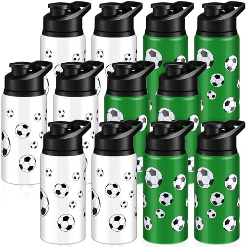 Skybooly 12 Pcs Aluminum Sports Water Bottle Bulk with Snap Lids, 17 oz Leakproof Reusable Cups, Metal Sports Bottle for Travel Gym Hiking Cycling Camping Bike Cages (Soccer)