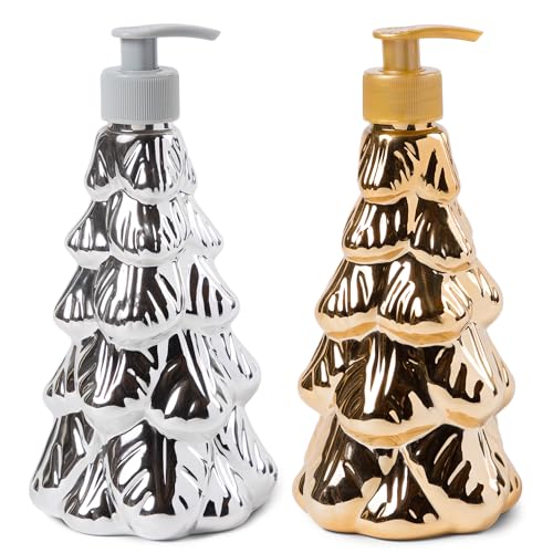 Image of Simple Pleasures Metallic Christmas Tree Set of 2 Holiday Soap Dispenser with Scented Liquid Soap - Decorative Hand Pump Refillable Soap Dispensers for Kitchen and Bathroom Sinks