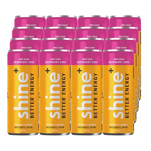 Shine Healthy Energy Drink Raspberry Soda - Sugar Free Mental Focus Nootropic, Natural Caffeine & B Vitamins 24 x 250ml Cans