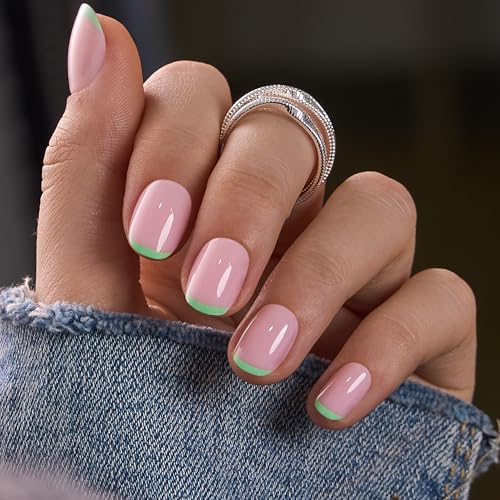 Image of CurvLife Soft Gel Press On Nails Extra Short Square, Long-Lasting Reusable Fake Nails Kit with Glue & Tabs, 30pcs Salon-Quality Stick On Nails for Women At-Home Manicure (Mint Line)