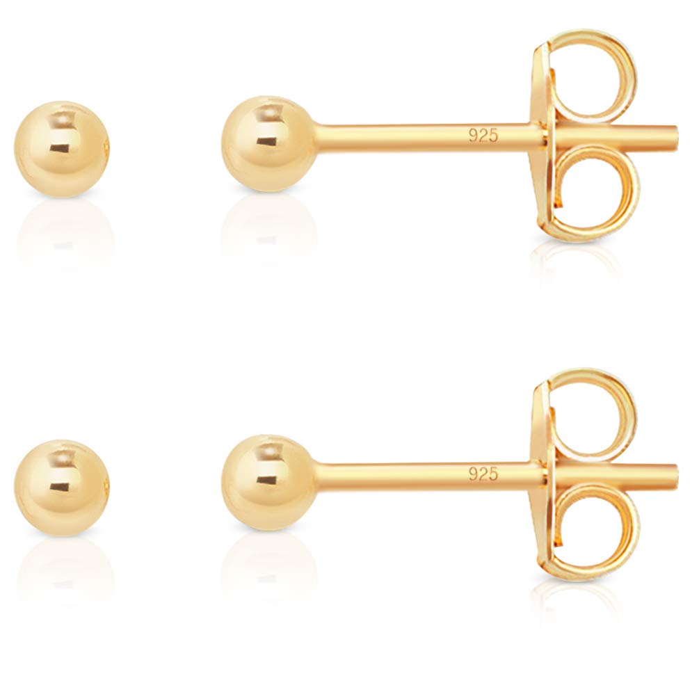 DTPsilver Pack de 2 Pares de Pendientes Bola Plata de Ley 925, Chapados en Oro Amarillo o Rosa - Pendientes Bolitas Pequeñas - Pendientes Mujer Pequeños - Diámetro Bola 2 mm