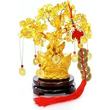 9 Piece Citrine Money Tree, 7" Small Yellow Crystal Bonsai with Yuanbao Pot & Coins, Chinese Style Lucky Money Plant Decor with Red Tassels & Wood Base for Wealth, Prosperity, Home Office Desk