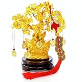 YIMITEE 9 Piece Citrine Money Tree, 7" Small Yellow Crystal Bonsai with Yuanbao Pot & Coins, Chinese Style Lucky Money Plant Decor with Red Tassels & Wood Base for Wealth, Prosperity, Home Office Desk
