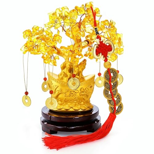 YIMITEE Citrine Money Tree Bonsai with Yuanbao Pot & Coins