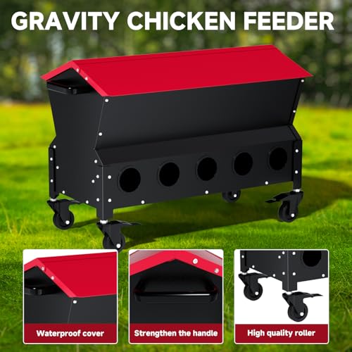 Yhhdjc Heavy Duty Chicken Feeder 120 lbs Large Capacity, Metal Automatic Poultry Feeding Box with Waterproof Lid, Raised Standing Feeder with Wheels for Hens & Roosters, Portable & Easy to Move — view 2