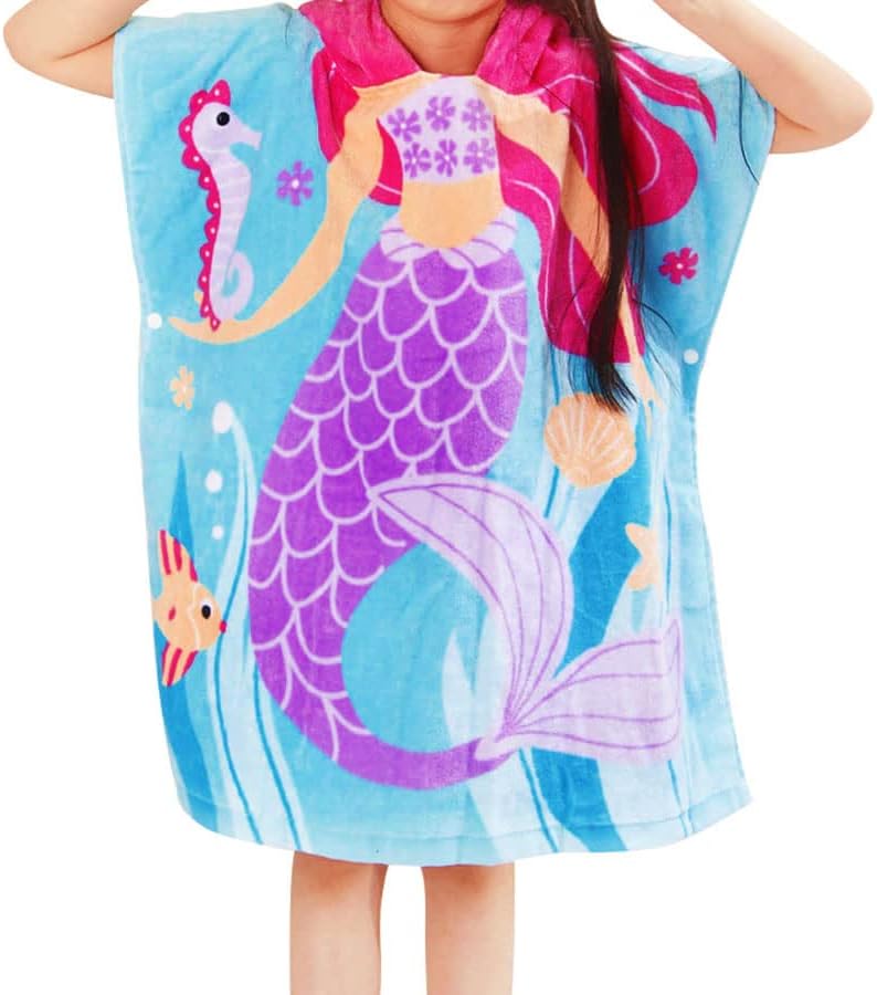 Miniatura 4 de Ponchos con capucha para niños, bata de baño 100% algodón súper suave para niños, bata cambiadora para playa, toalla de natación (L, sirena)