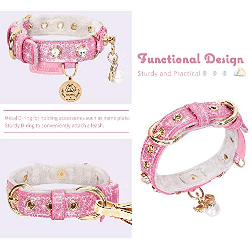 Image of Cat Collar, Dog Collar, [Bling Rhinestones] PU Leather Adjustable Pet Collar with Luxury Pendant for Small Dog and Cat Extra Small Pink