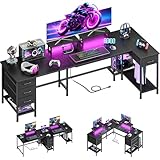 Furologee 93 Inch L Shaped Computer Desk with 4 Drawers, Power Outlets & LED Light, Gaming Desk for Home Office, Corner Table with Storage Shelves and 2 Monitor Stand, Writing, Study, Black
