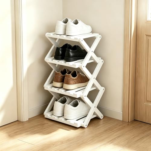 Zapatero pequeño, zapatero, plegable, de bambú, zapatero, pequeño para entrada, dormitorio, armario, esquina de salón, no requiere instalación (blanco marfil, 4 niveles)