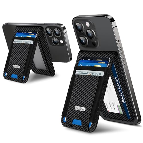 For Magsafe Wallet Stand Strongest Magnetic Wallet for iPhone 17/16/15/14/13/12 Series ID Window 4 Card Slots Fit 9 Cards Vegan Leather RFID Blocking Black Carbon Fiber