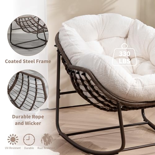 Villeston Outdoor Papasan Rocking Chair - Oversized Comfy Patio Chair Indoor Egg Royal Rattan Rocking Chair with Cushion for Front Porch Lounge Lawn Bedroom Living Room (White Teddy)