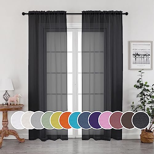 OWENIE Black Sheer Curtains, Sheer Curtains 84 inch Length 2 Panels Set, Rod Pocket Voile Fimly Sheer Drapes for Living Room/Bedroom, 2pcs, Each 42