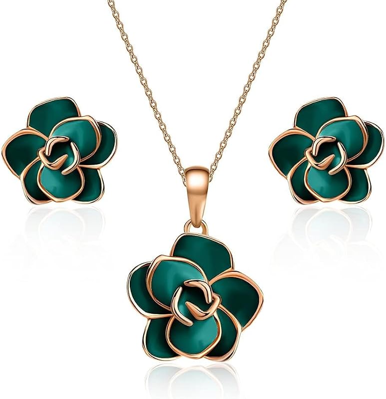Conjunto de aretes y collar con flores de rosas para mujer, conjuntos de joyas hipoalergénicas chapadas en oro de 18 quilates
