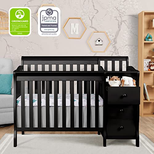 Dream On Me Jayden 4-In-1 Mini Convertible Crib And Changer In Black, Greenguard Gold Certified, Non-Toxic Finish, New Zealand Pinewood, 1" Mattress Pad #TOP2
