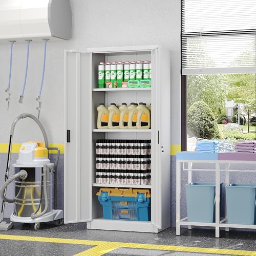 FlairVibe Armario de almacenamiento de metal con 2 puertas y 3 estantes ajustables, armario de almacenamiento con cerradura de 170 cm, garaje, hogar, oficina, fácil de montar (blanco) - imagen 8