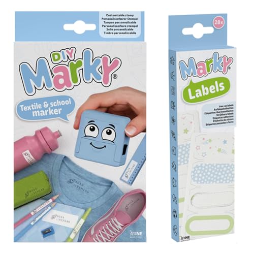 Tampon bleu clair MARKY avec encre noire tout support et 7 motifs inclus