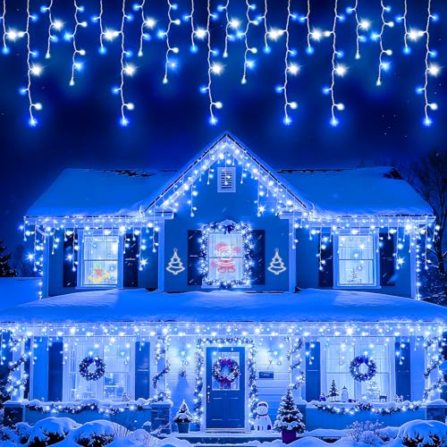 Image of Etopgo Icicle Lights Outdoor, 480LED 20M Cool White & Blue Fairy Lights Outside Waterproof,8 Mode Icicle Christmas Lights Main Powered for House Roof Porch Gutter Xmas Decorations
