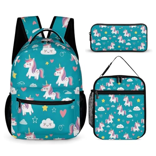 Backpack with Lunch Box & Cosmetic Bag Set Cute Unicorns (9) Bookbag Daypack Set Backpack with Lunch Bag Storage Bags
