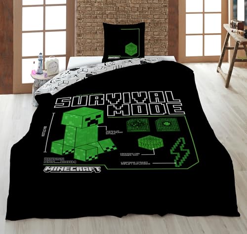 Parure de Lit Minecraft Survival Mode – Housse de Couette 140x200 cm + Taie d'oreiller 63x63 cm – Microfibre Ultra-Douce – Design Officiel Creeper &...