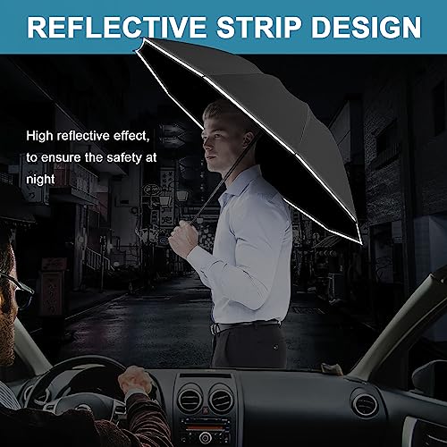 Travel Inspira Inverted Folding Umbrella With Reflective Stripes, Reverse Umbrella Automatic Open And Close For Rain Windproof Upf 50+Uv 10 Rib Upside Down Umbrella For Backpack Car Compact(Black) #TOP1