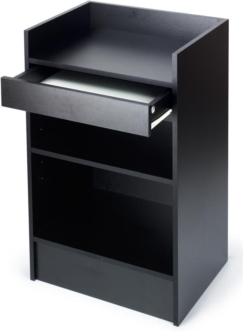 Free-Standing Black Melamine Register Stand, 24 x 38 x 18-Inch, With Adjustable Shelves And Pull-Out Drawer