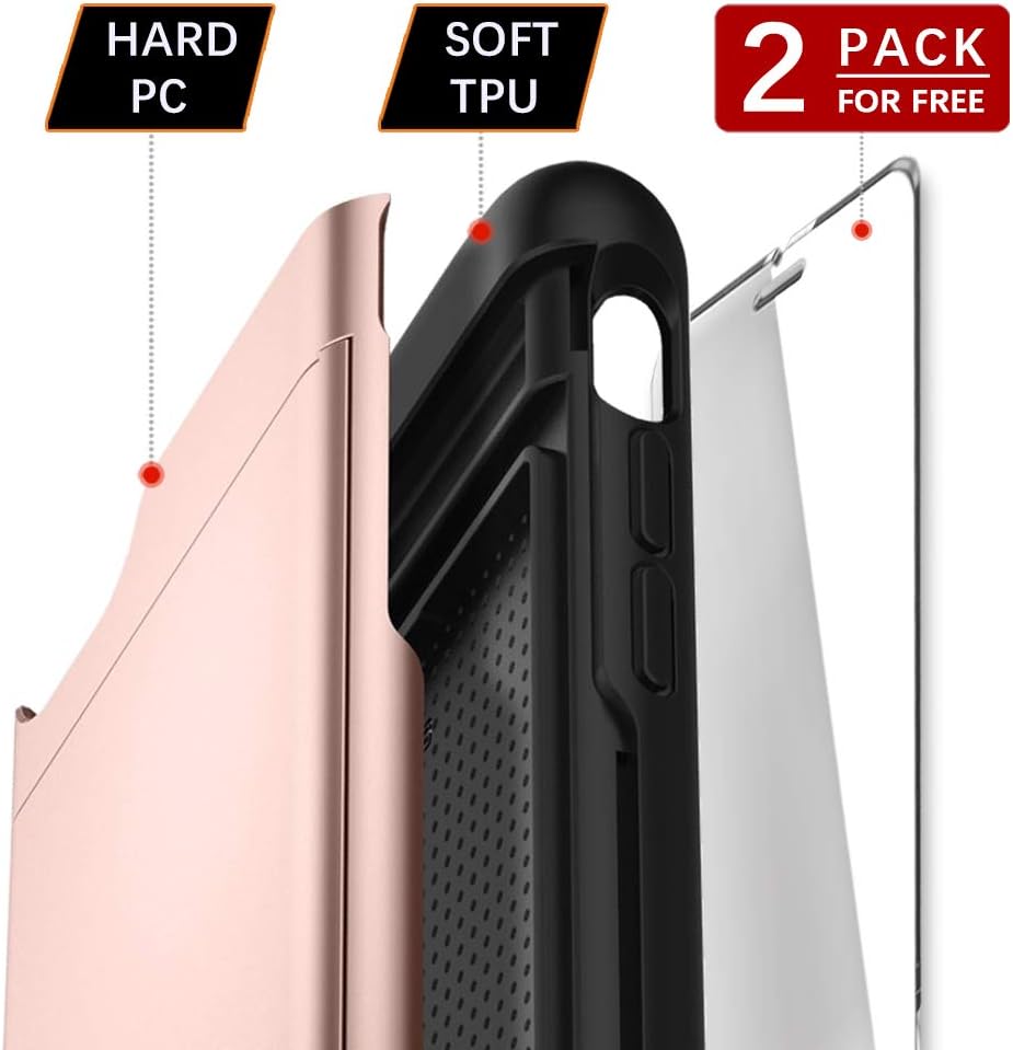 SUPBEC iPhone 11 Case with Card Holder and[ Screen Protector Tempered Glass x2Pack] i Phone Wallet Case Cover with Shockproof Silicone TPU + Anti-Scratch Hard PC - Full Protective-2019-6.1"-Rose Gold