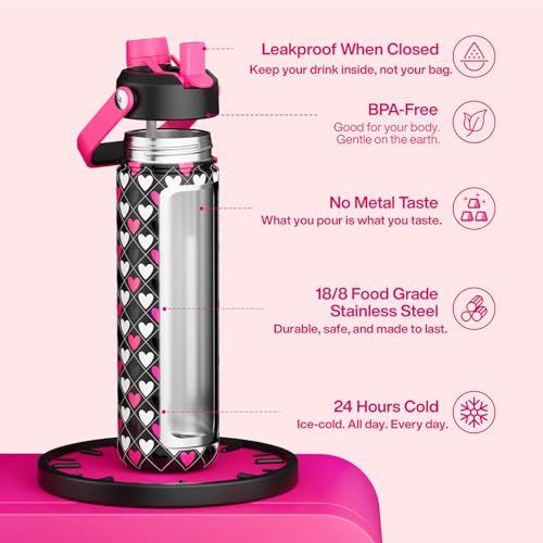 Image of ENCOOL Insulated Water Bottle with Straw Stainless Steel Water Bottle, Leak-Proof, BPA-Free, Keeps Cold for 24 Hours for Sports, Travel, School (26 oz,Bold Hearts Valentine x Black)