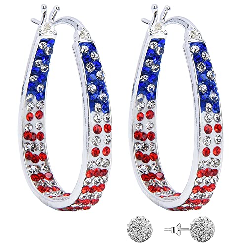 Crystal Hoop Earrings for Women Sparkly American Flag Earrings Silver Plated Red White and Blue Earrings Patriotic Jewelry Gift