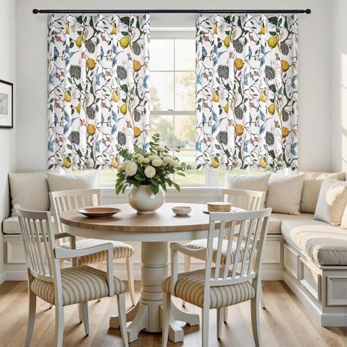 Image of White Kitchen Tier Curtains 36 Inches Long,Botanical Floral Lemon & Hummingbird Pinch Pleated Half Window Drapes Room Darkening for Kitchen RV Cafe Basement Bathroom Dining Room,2 Panels