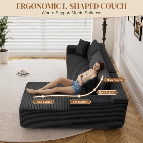 Image of 95 inch Boneless Cloud Sectional Couches for Living Room, Comfy Fluffy L Shaped Memory Foam Deep Seat Boneless Couch, Modular Sectional Sofa with Left Facing Chaise, Black