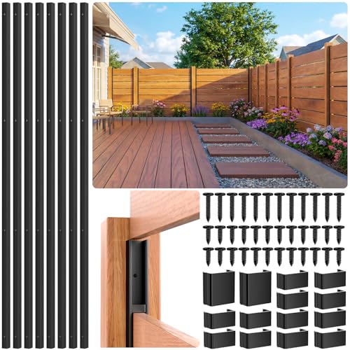 LukLoy 8 Pack 5FT Aluminum U-Channel Privacy Fence Posts, Fit for 3/4 inch Wood Boards, Rustproof & Weather-Resistant, Sand-Textured Black No-Dig Outdoor Fence Panels Posts for Backyard, Patio, Garden