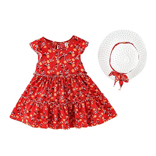 Image of Bold N Elegant Toddler Girls Summer Dress with Crochet Hat Set, Sleeveless Floral /Strawberry Print Tiered Sundress, Casual Beach Party Outfit for Baby Girls 1-6 Years